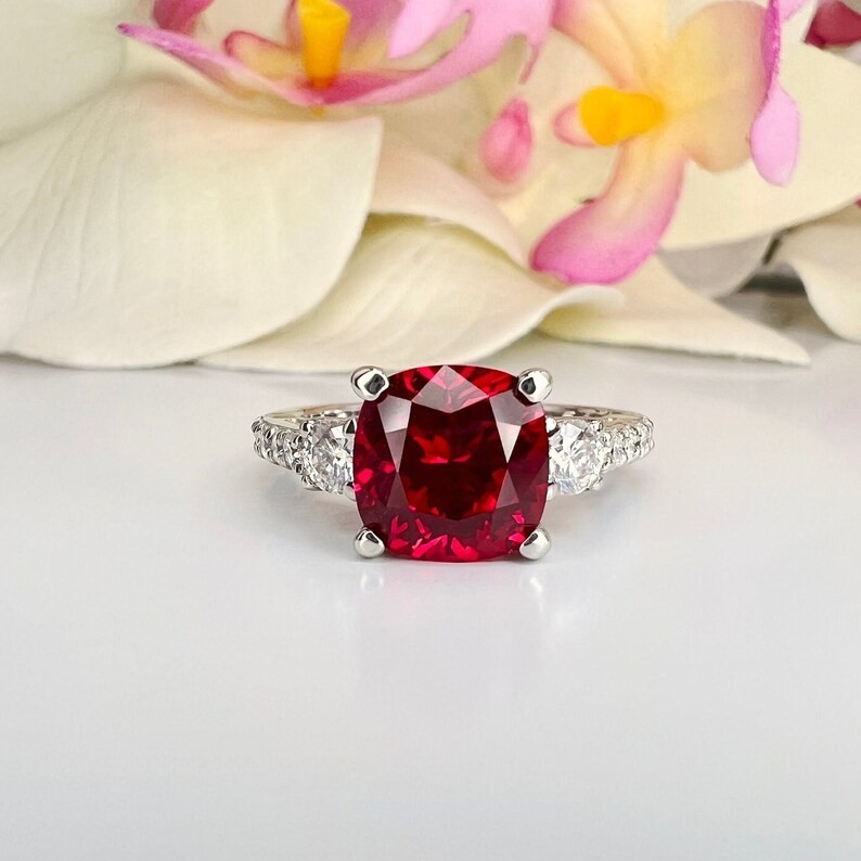 2.50 Ct Cushion Cut Sapphire/Ruby & Diamond Wedding Ring 14K White Gold Size 5