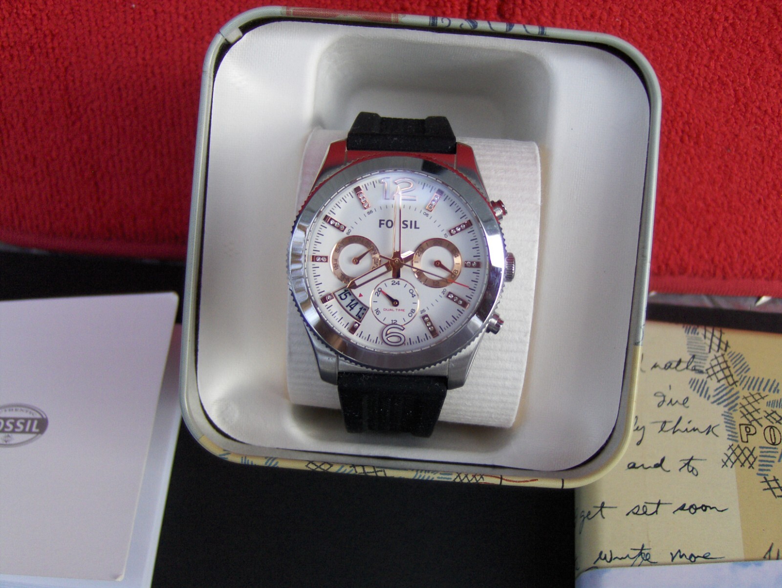 FOSSIL ES 4250 BOYFRIEND 3 EYE CHRONOGRAPH SWAROVSKI CRYSTAL MARKERS DATE WINDOW