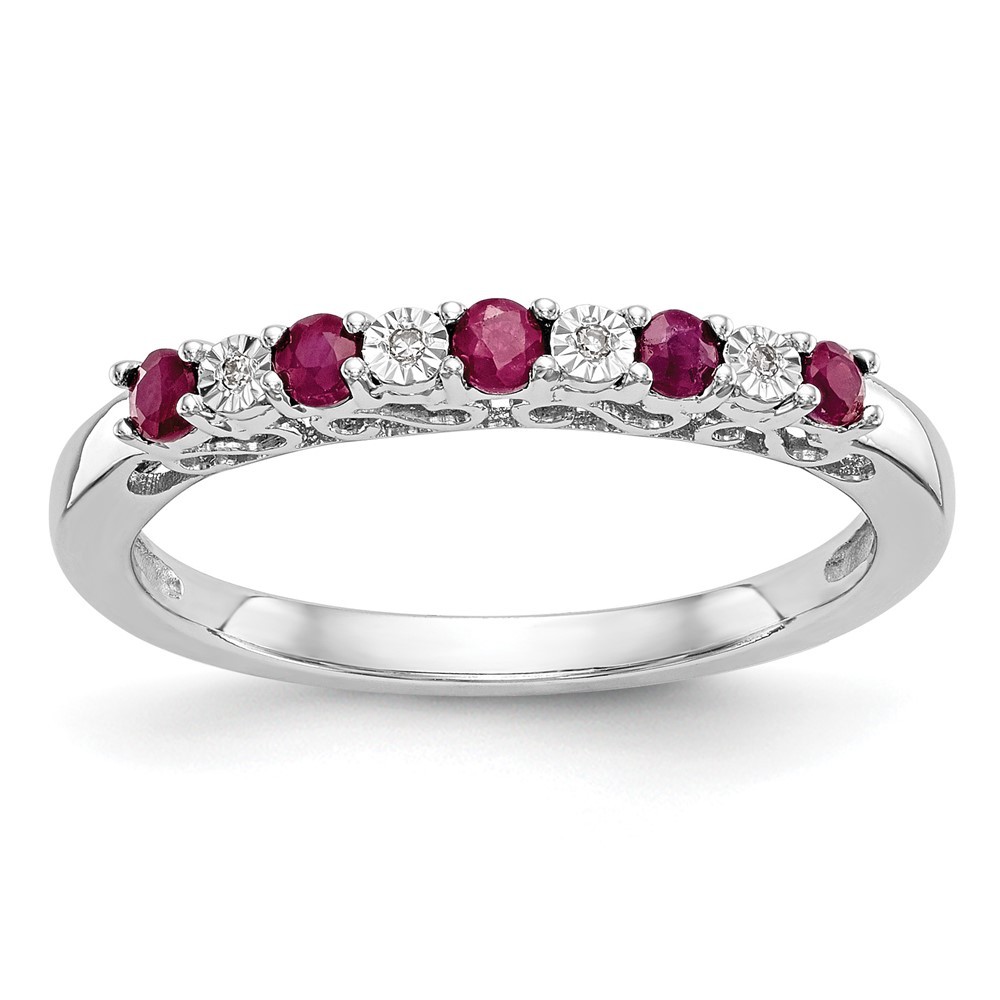 14k White Gold .01 carat Diamond and Ruby Complete Band Ring Size 7