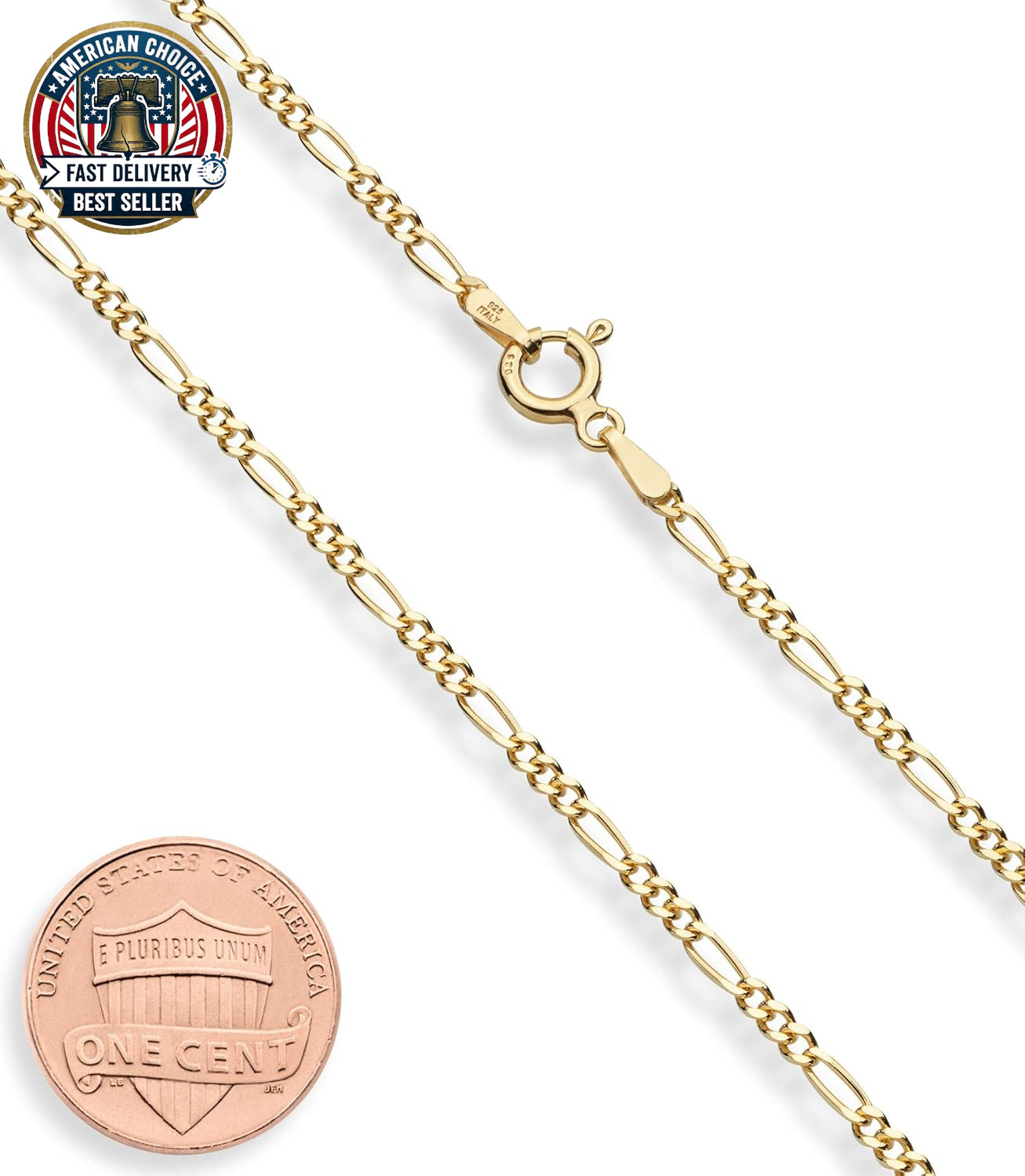Italian Solid 925 Sterling Silver, 18K Gold Plated 2.3Mm Diamond-Cut Figaro Link