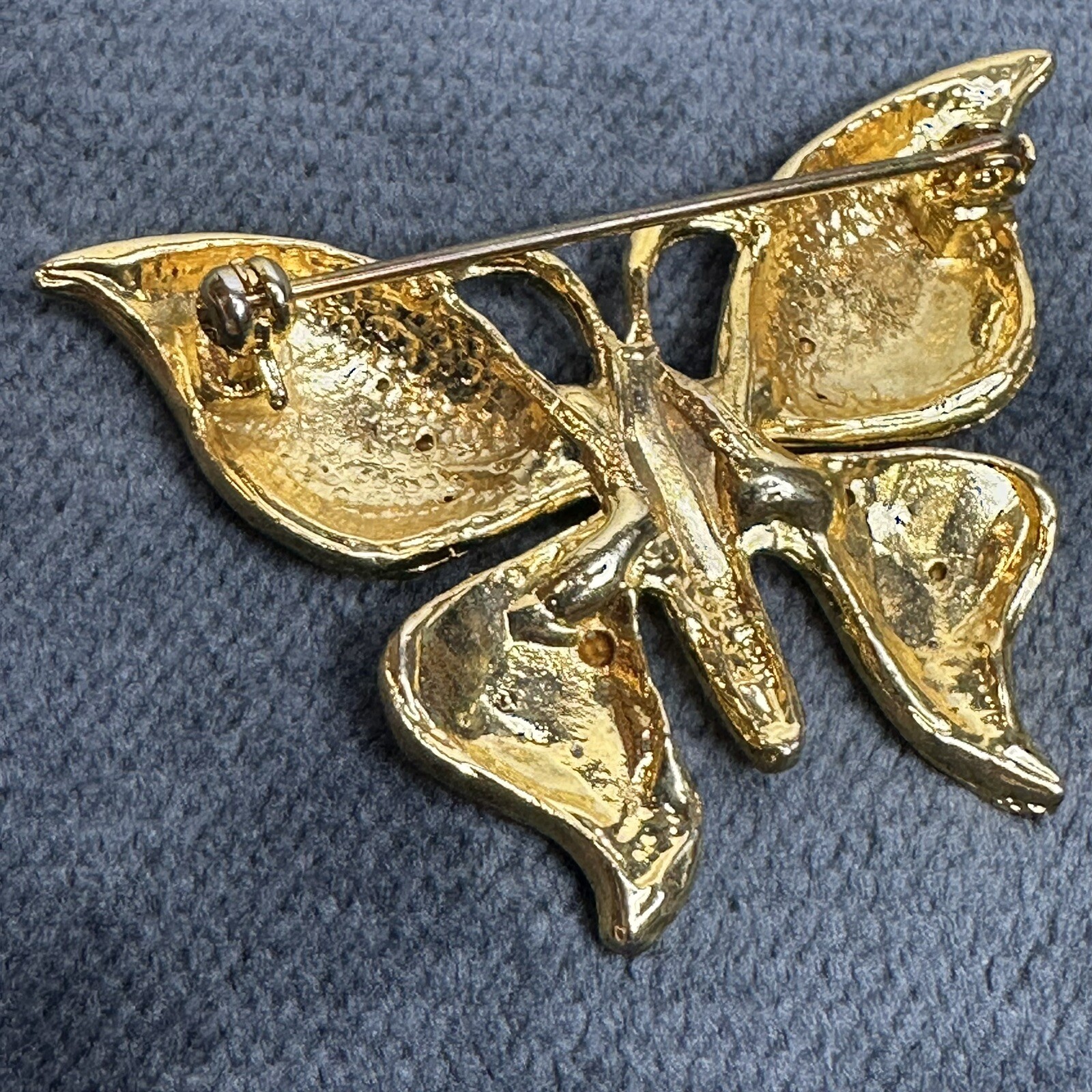 Vintage Butterfly Enamel Brooch Pin Gold Tone Red Blue Green Rhinestones Shiny