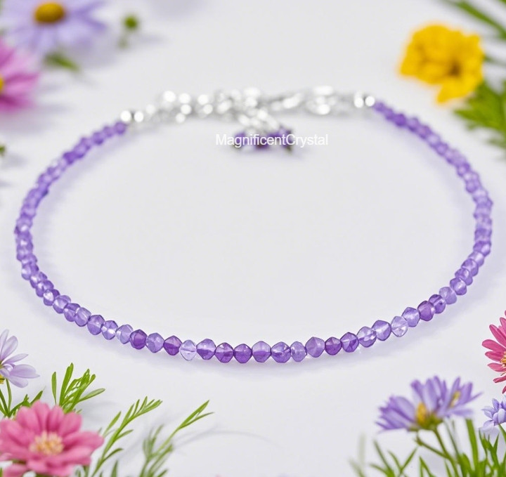 Dainty Faceted Amethyst Purple Gemstone Beaded Anklet Summer Gift Mothers Day