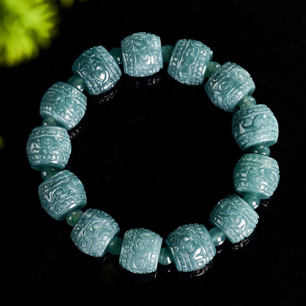 Natural Blue Water Jadeite Carved Barrel Bead Stretch Bracelet -Grade A Jade