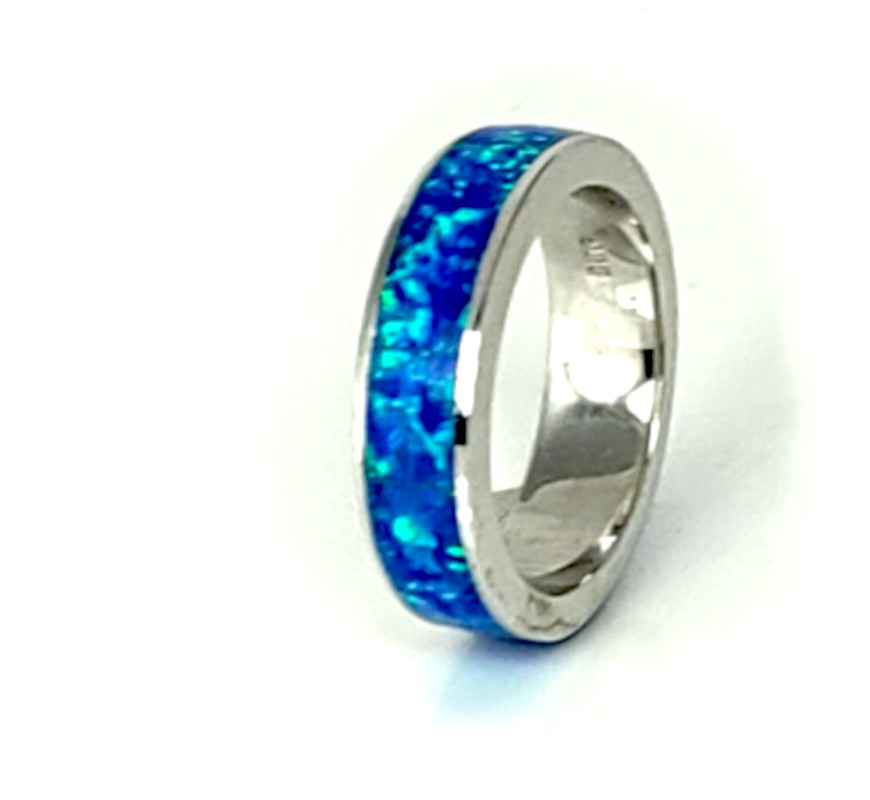 5mm Blue Opal Ring Lab Cr Green Fire 925 Sterling Rhodium Plate Sz 5 6 7 8 9 10