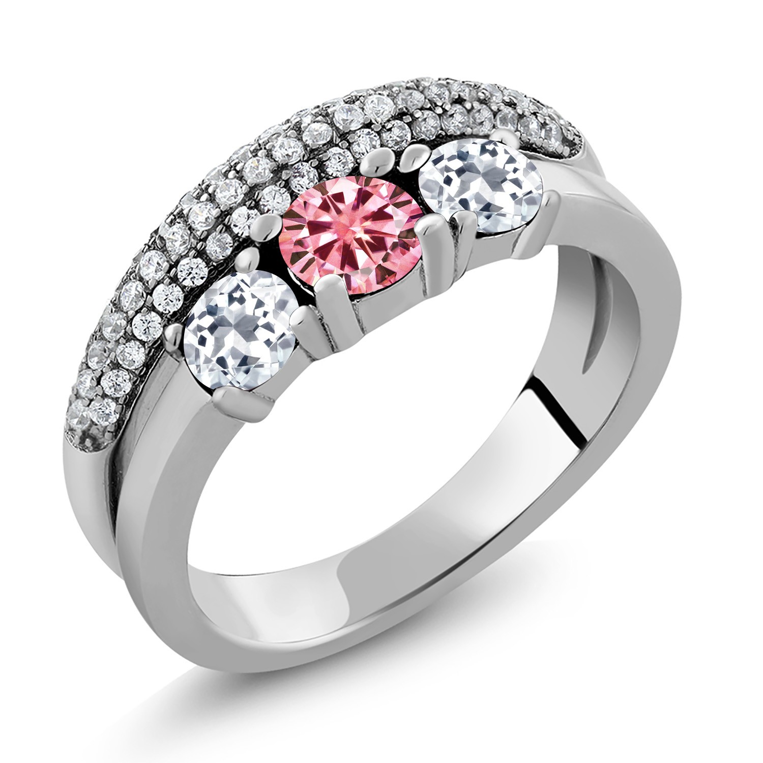 925 Sterling Silver Ring Round Pink Moissanite Topaz White 0.50ct DEW