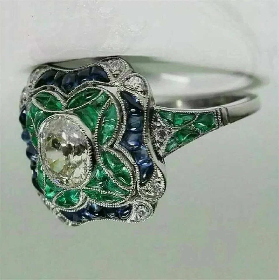 Art Deco Style Lab Created Diamond & Emerald Engagement 14k White Gold FN Ring