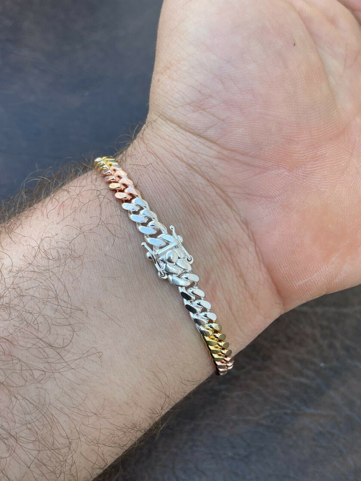Tri Color Solid 925 Silver Rose & 14k Gold Plated Miami Cuban Necklace Bracelet