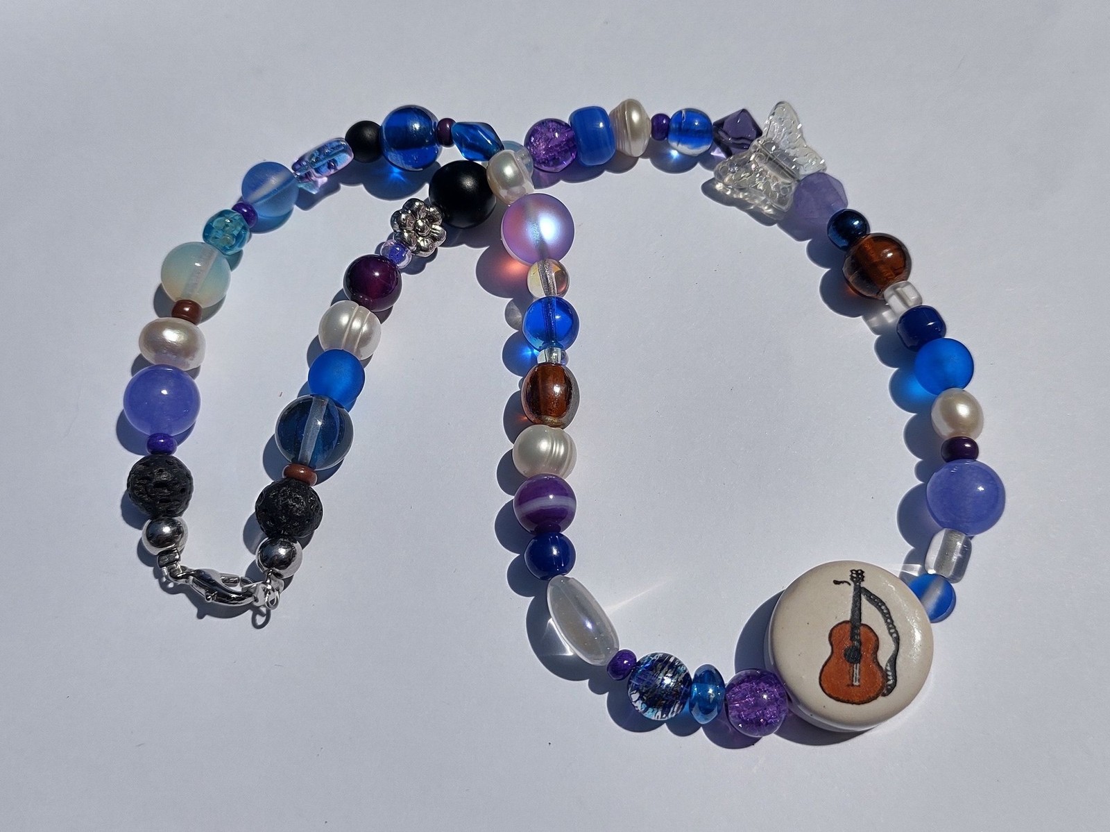 Blue and Purple Guitar Ceramic and Glass Bead Handmade Necklace