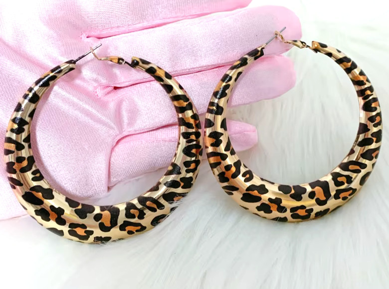 Big LEOPARD Animal Print HIP HOP Gold HOOP Leverback Betsey Johnson Earrings