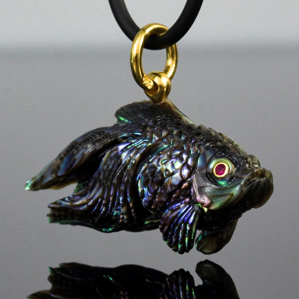 Gold Fish Pendant Carved Abalone Shell Gold Vermeil Sterling Silver Ruby 9.71g