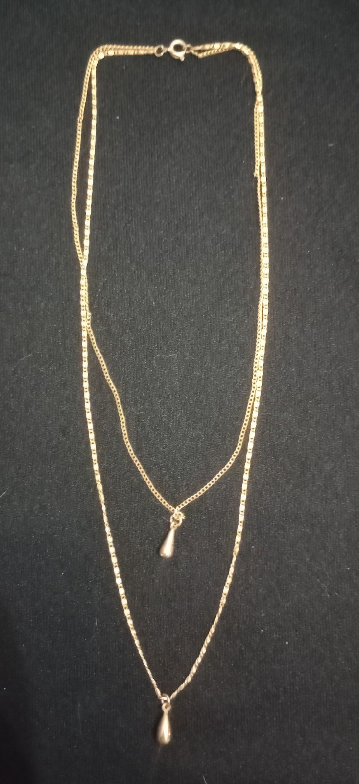 Gold Tone Layered Chain Necklace, Teardrop Charm Pendant, Metal, No Stone