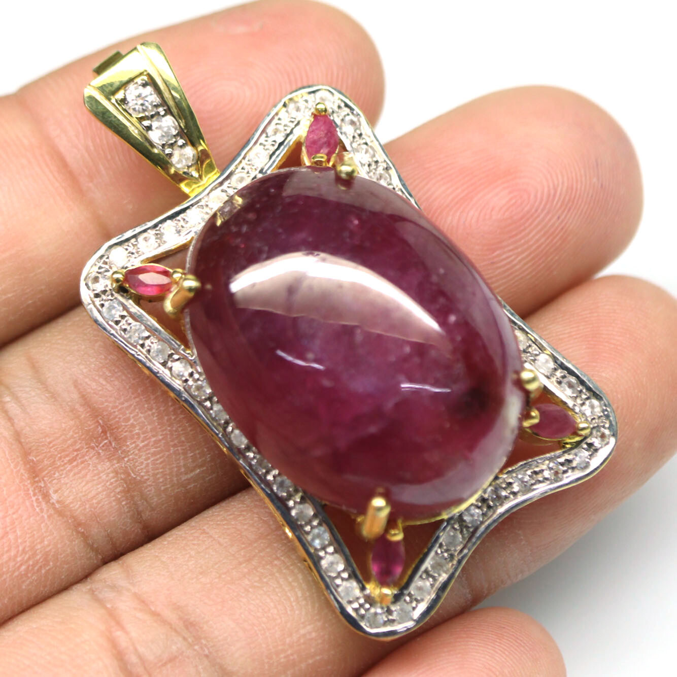 Gemstone Heated 21 x 28 mm. Red Ruby & White Zircon Pendant 925 Silver 18K Gold