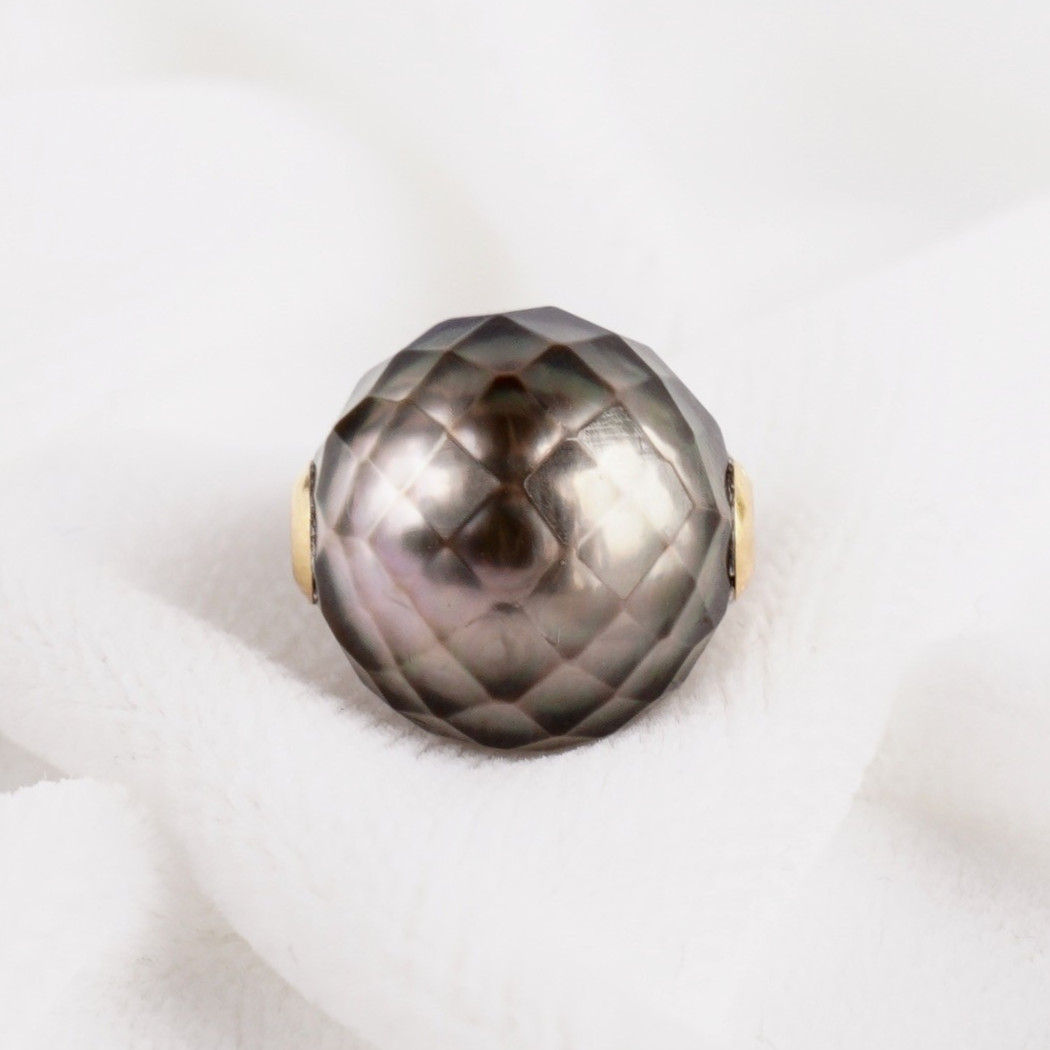 Faceted 10.8mm Round Gray Tahitian Loose Pearl, Full Drilled, 18Kt Yellow Gold