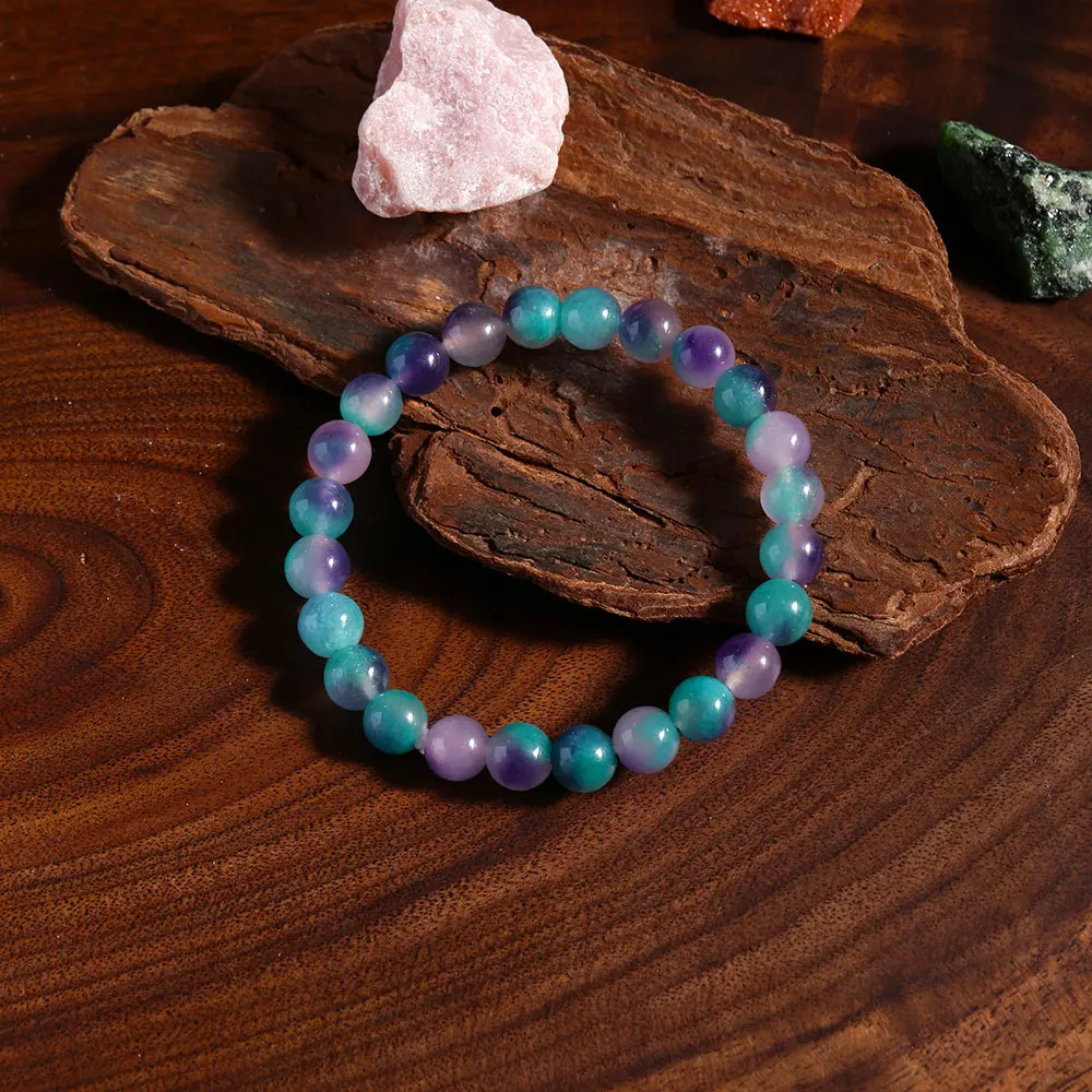 Blue Bohemian Fluorite Beaded Bracelet Elastic Adjustable Gift for Men Women
