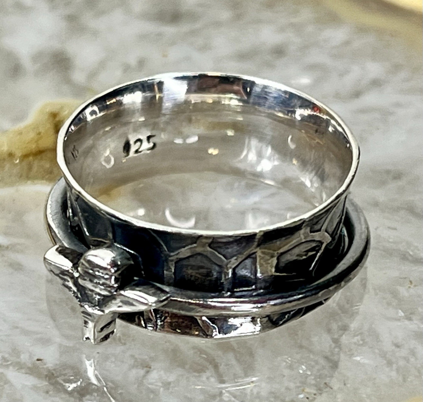 925 Honeycomb Sterling Silver Spinner Ring w/ Bee Accent Fidget Meditation Band