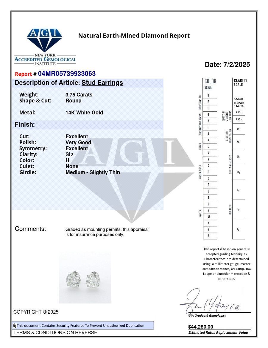 Stud Earrings Classic Solid 14K White Gold 3.75 CT Round Natural Diamond H SI2