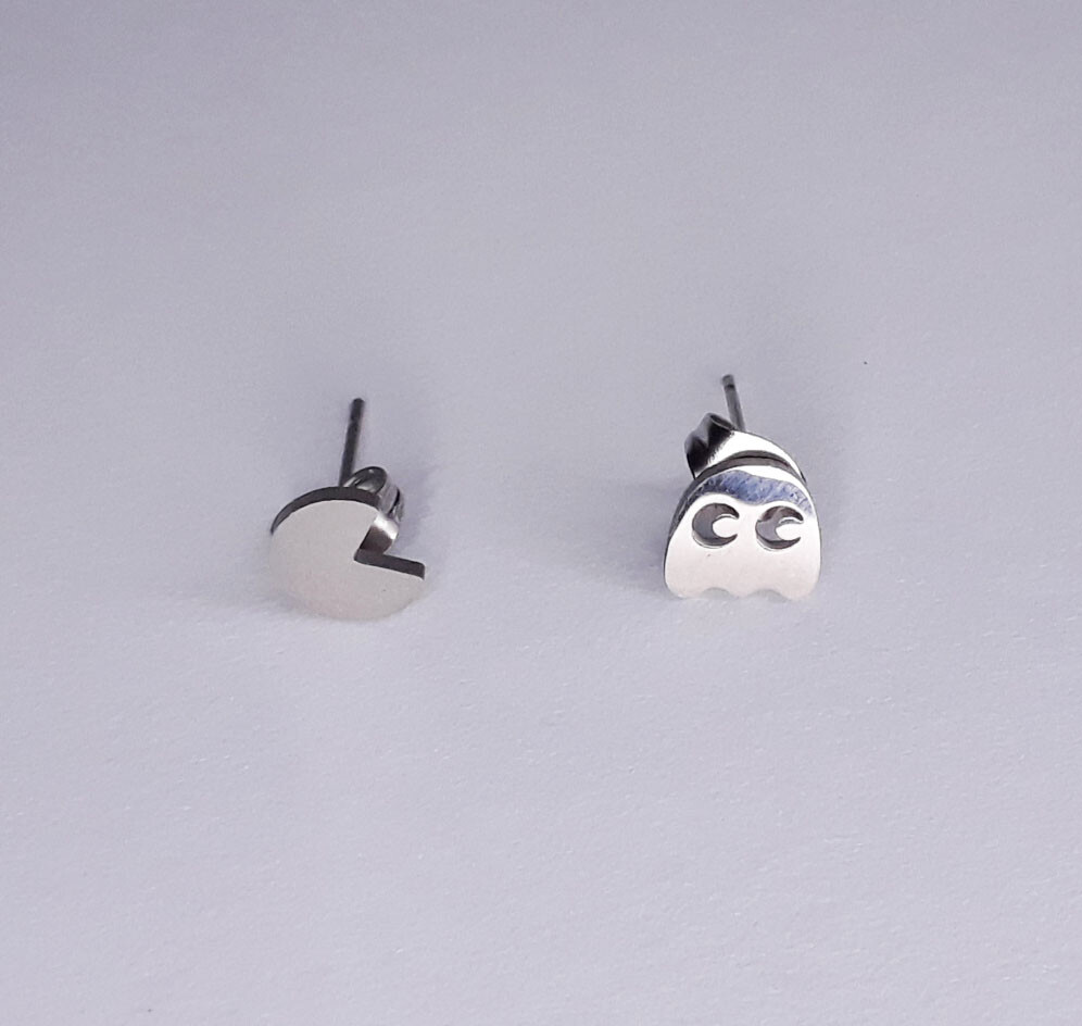 Video Game Inspired Stud Earrings 1/4″ – NEW, Silver Tone Kawaii Retro Graphic