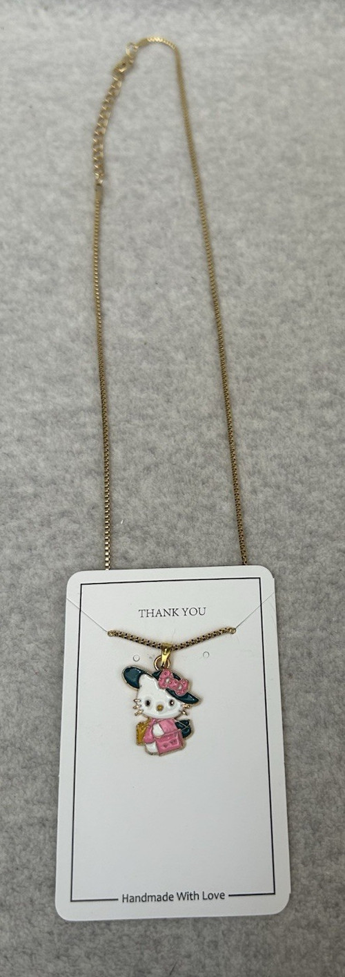 Hello Kitty Sanrio Inspired Gold Tone Necklace Chain Sun Hat 11″ Drop Adjustable