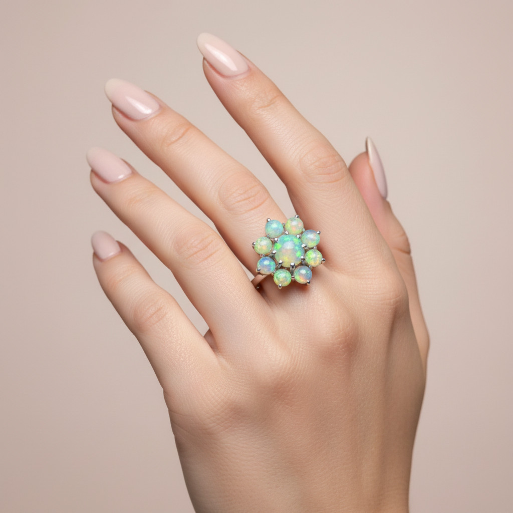 Ethiopian Opal Cluster Flower Ring 925 Sterling Silver Handmade Jewelry