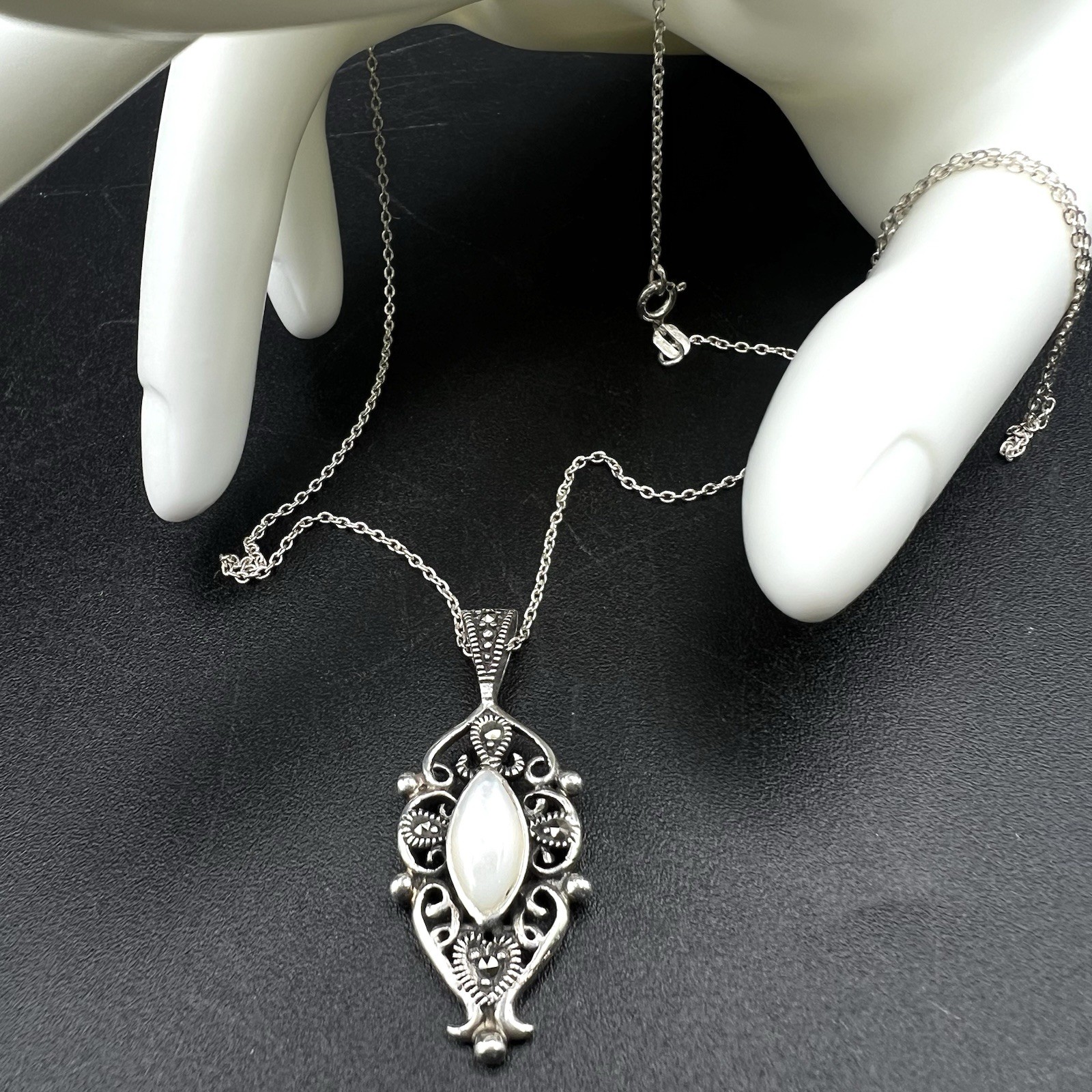 Mother of Pearl & Marcasite Filigree Pendant Necklace 925 Sterling Silver Chain