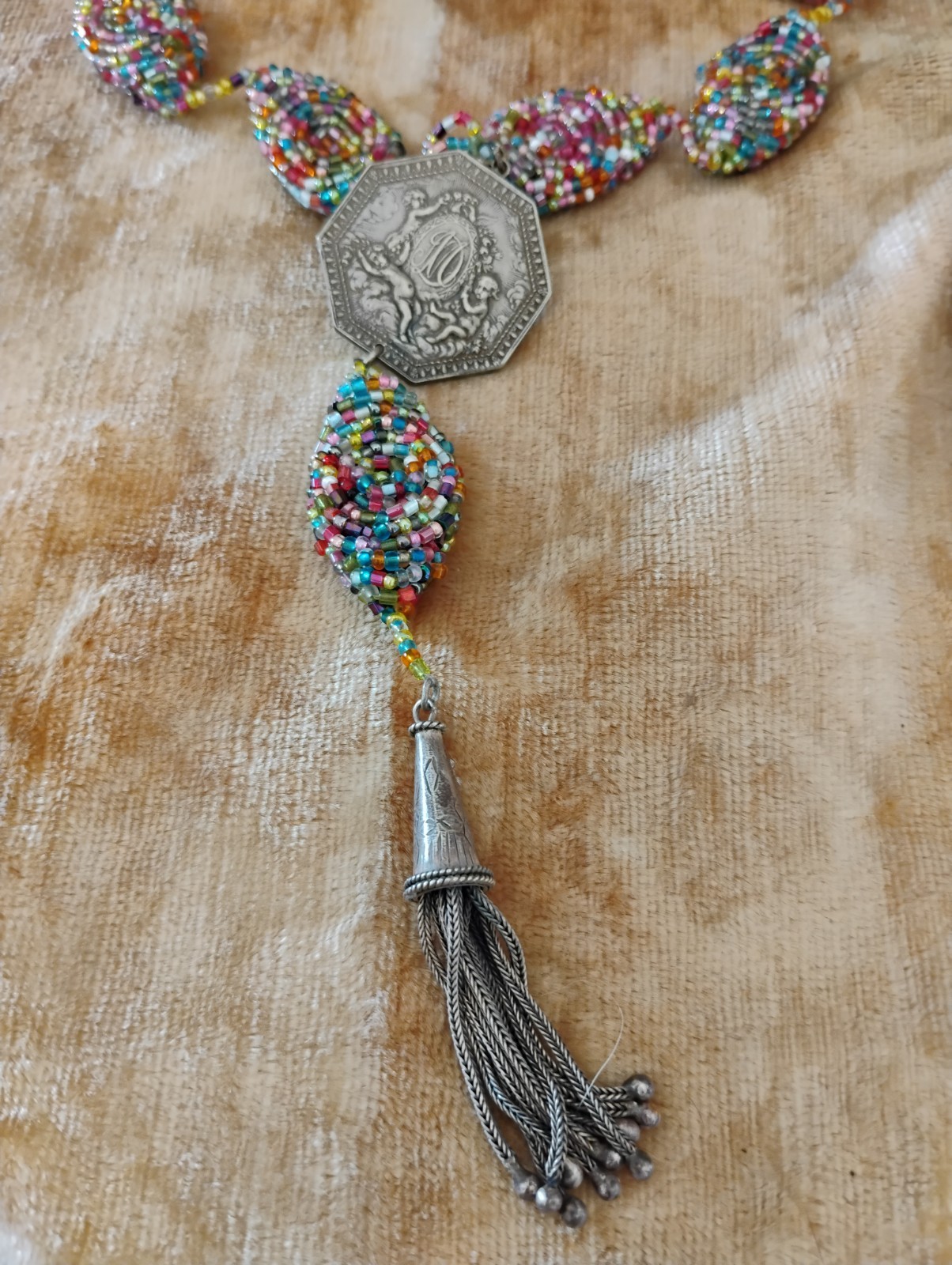 Stunning Antique Medal With Vintage Seed Beads Tassel Necklace Original