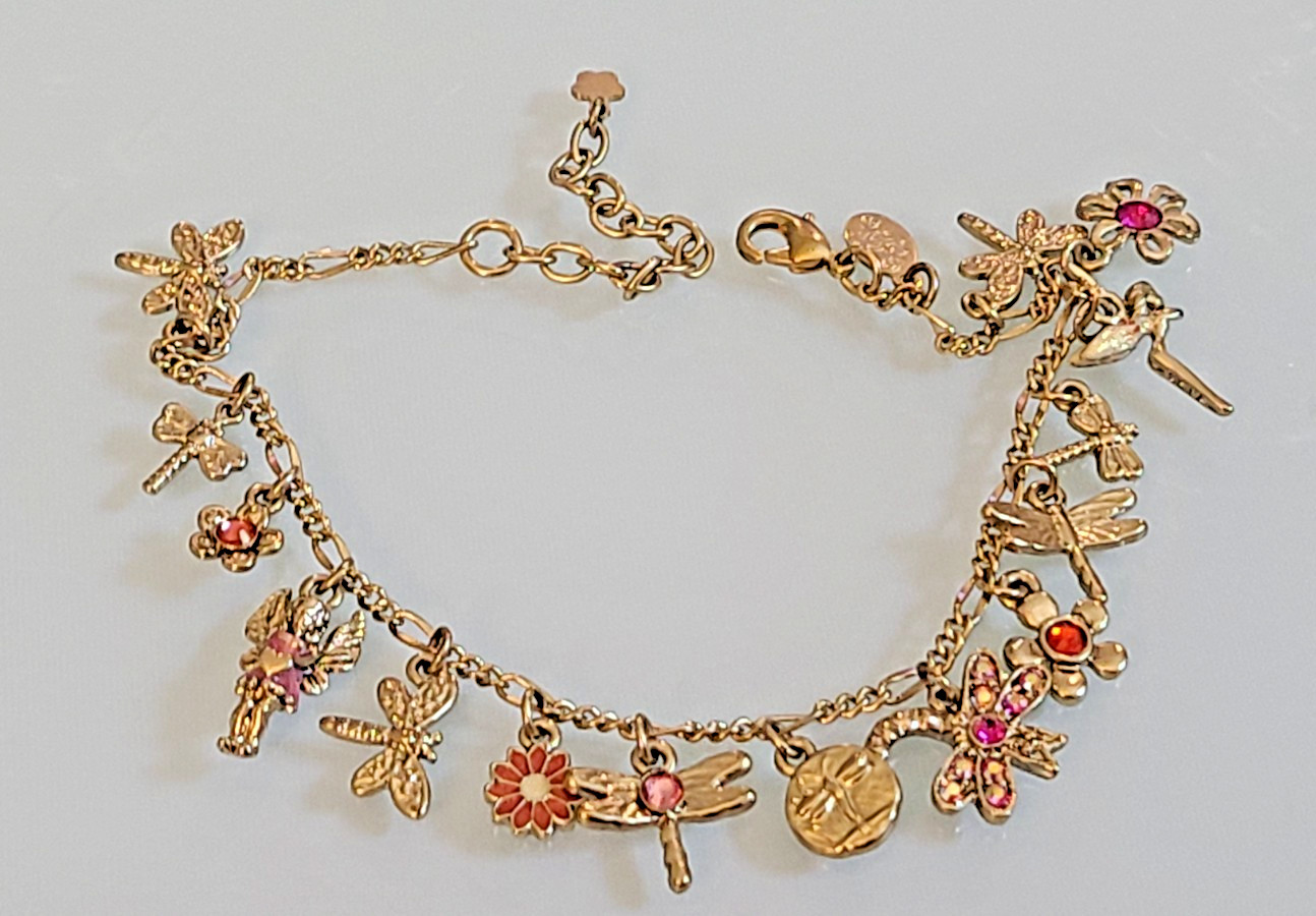 KIRKS FOLLY Vintage 11.5″ Charm Anklet Fairy Dragonfly Flower Rhinestone GOLD TO