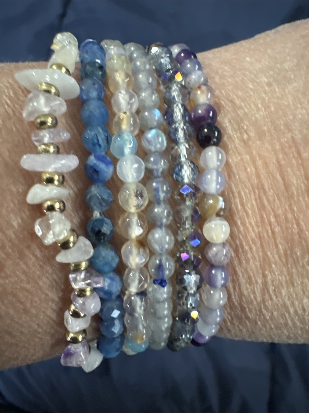 Beaded Gemstone Stretch Bracelets, Set Of 6- Purple And Blue Tone. Approx 2-3mm