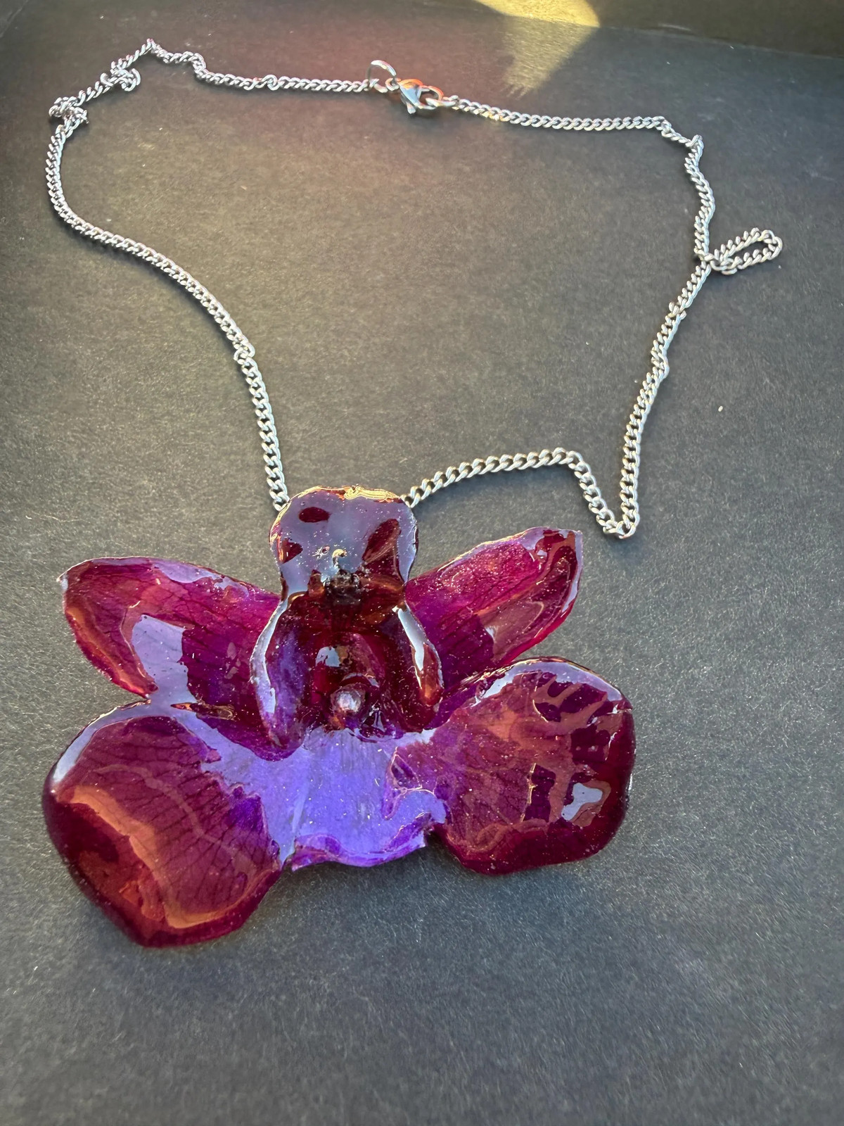 Real Violet Orchid Resin Necklace | Preserved Flower Pendant | Stainless Steel C