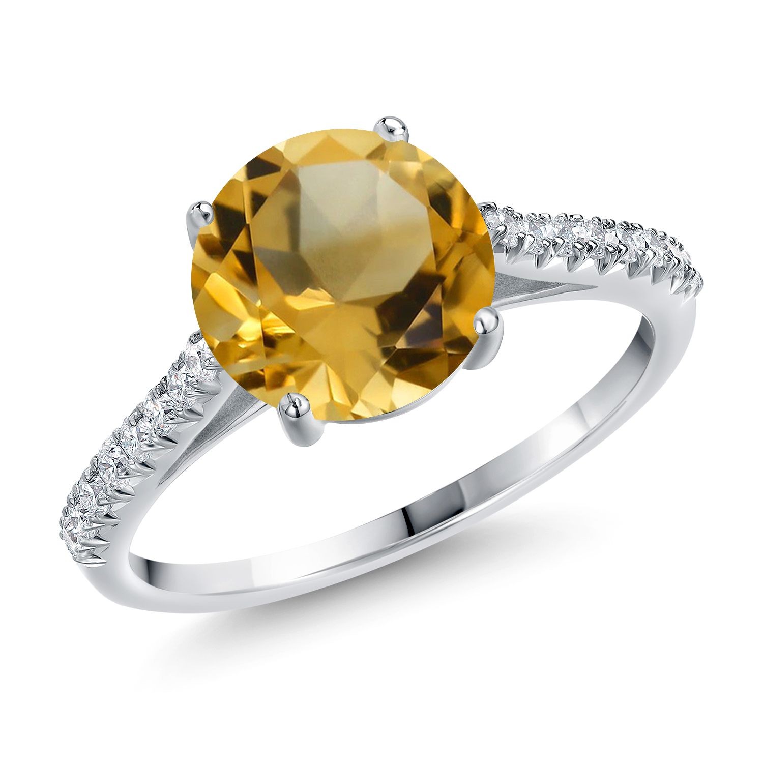 2.96 Ct Round Yellow Citrine G/H Lab Grown Diamond 14K White Gold Ring