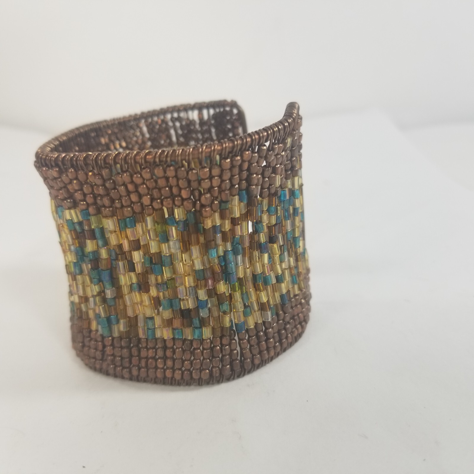 Beaded Wrap Cuff Bracelet Bronze Tone Seed Beads Flexible Fit Wide