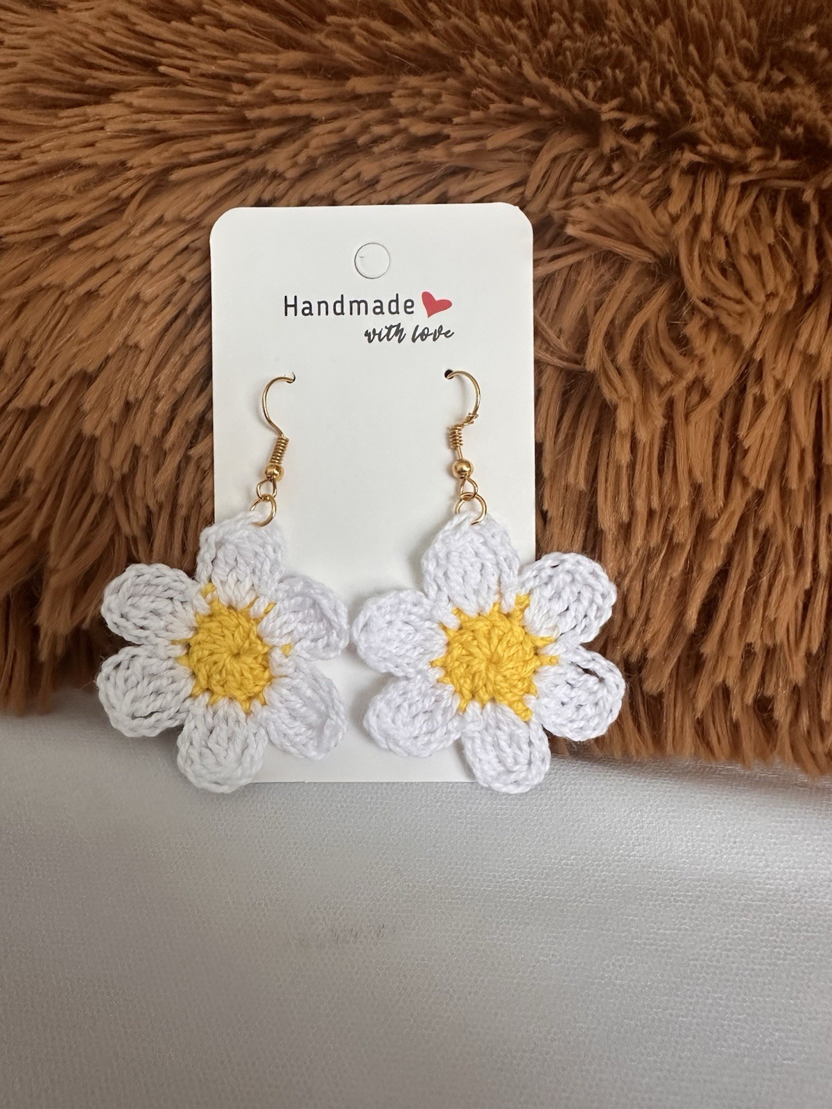 Handmade Crochet Flower Earrings – White& Yellow Bloom