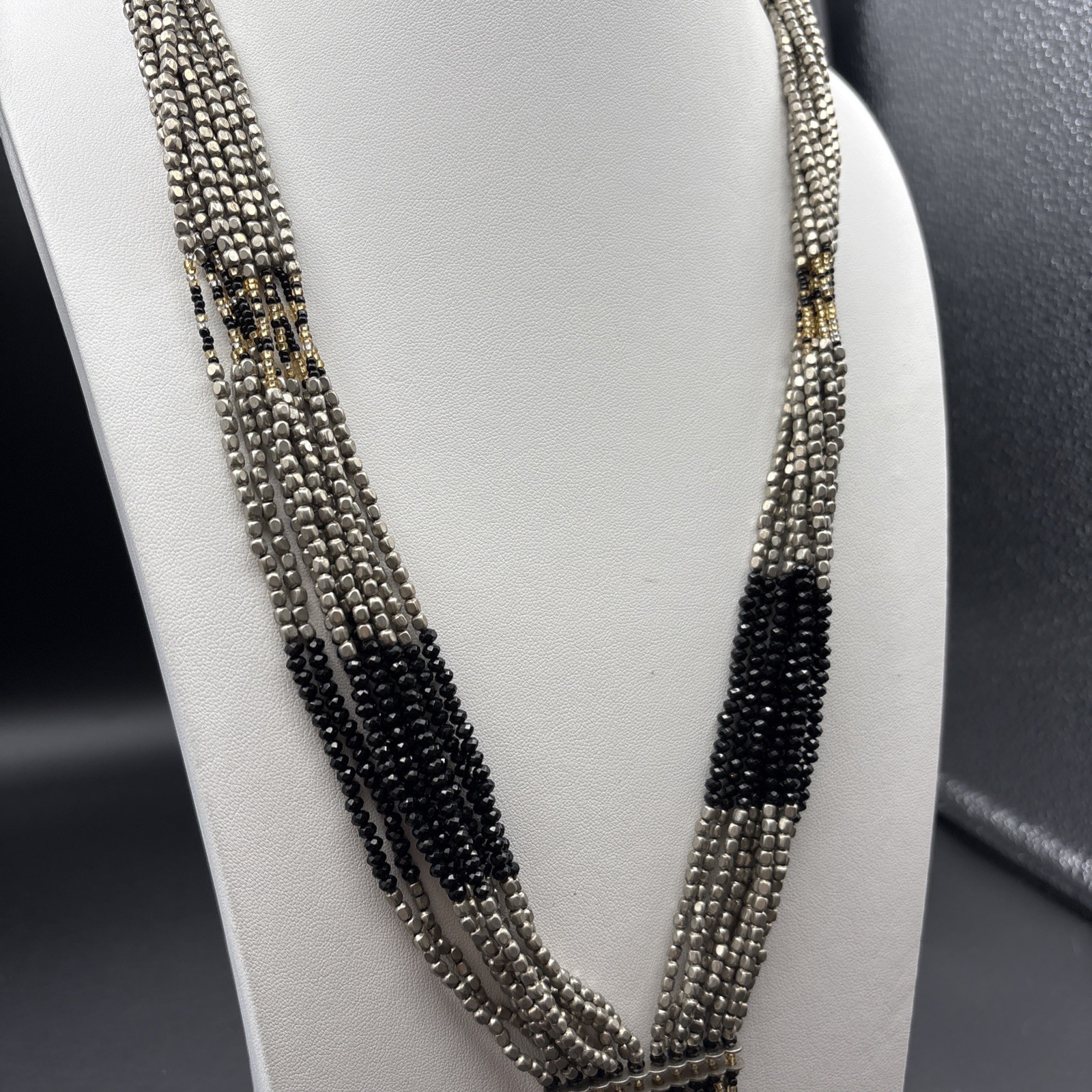 Himalayan Gems Necklace Fringe Boho Flapper Vibe Black Silver Gold Beads 23”