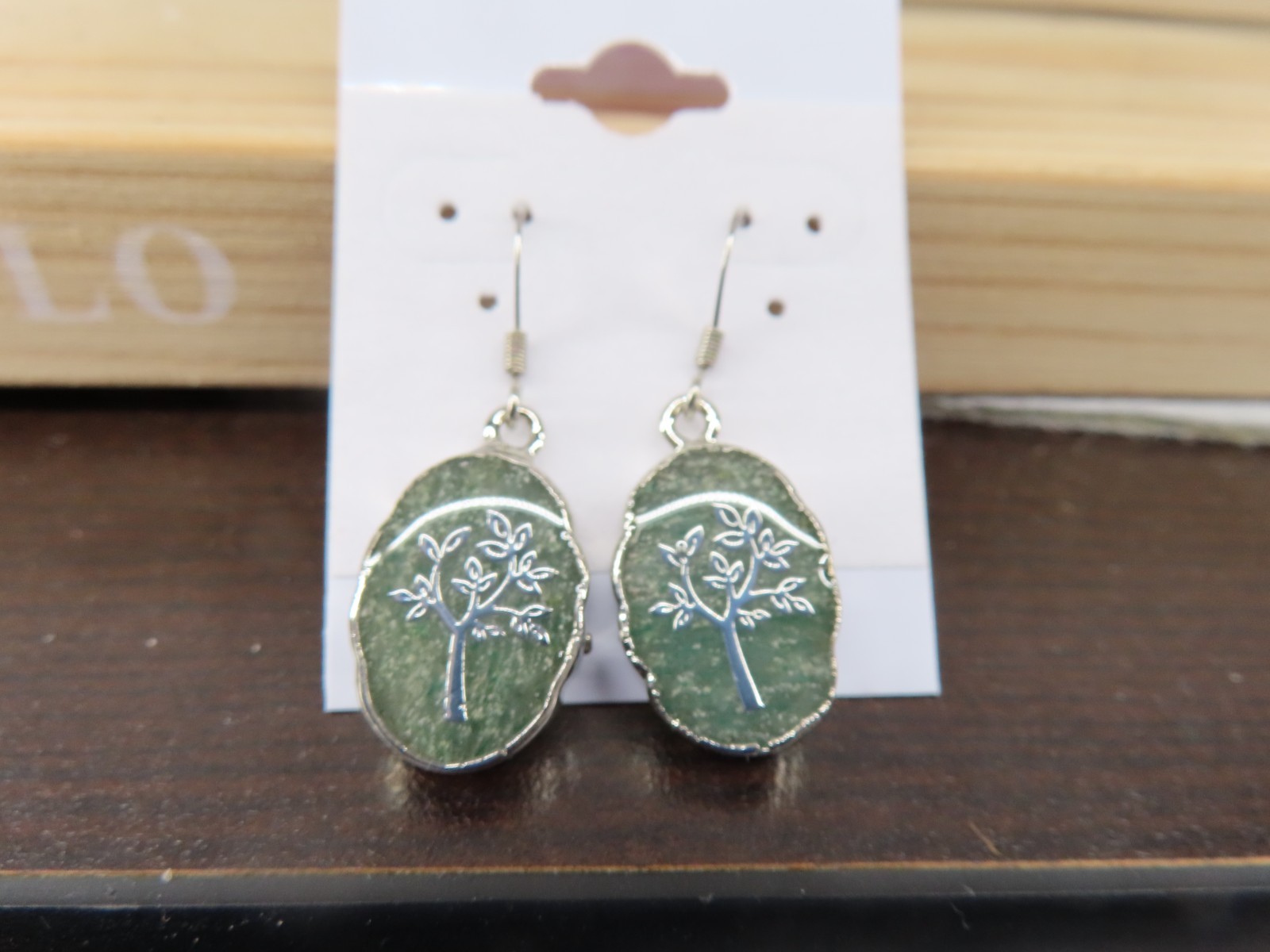 Etched Tree in Green Stone 1.75″ Drop Earrings