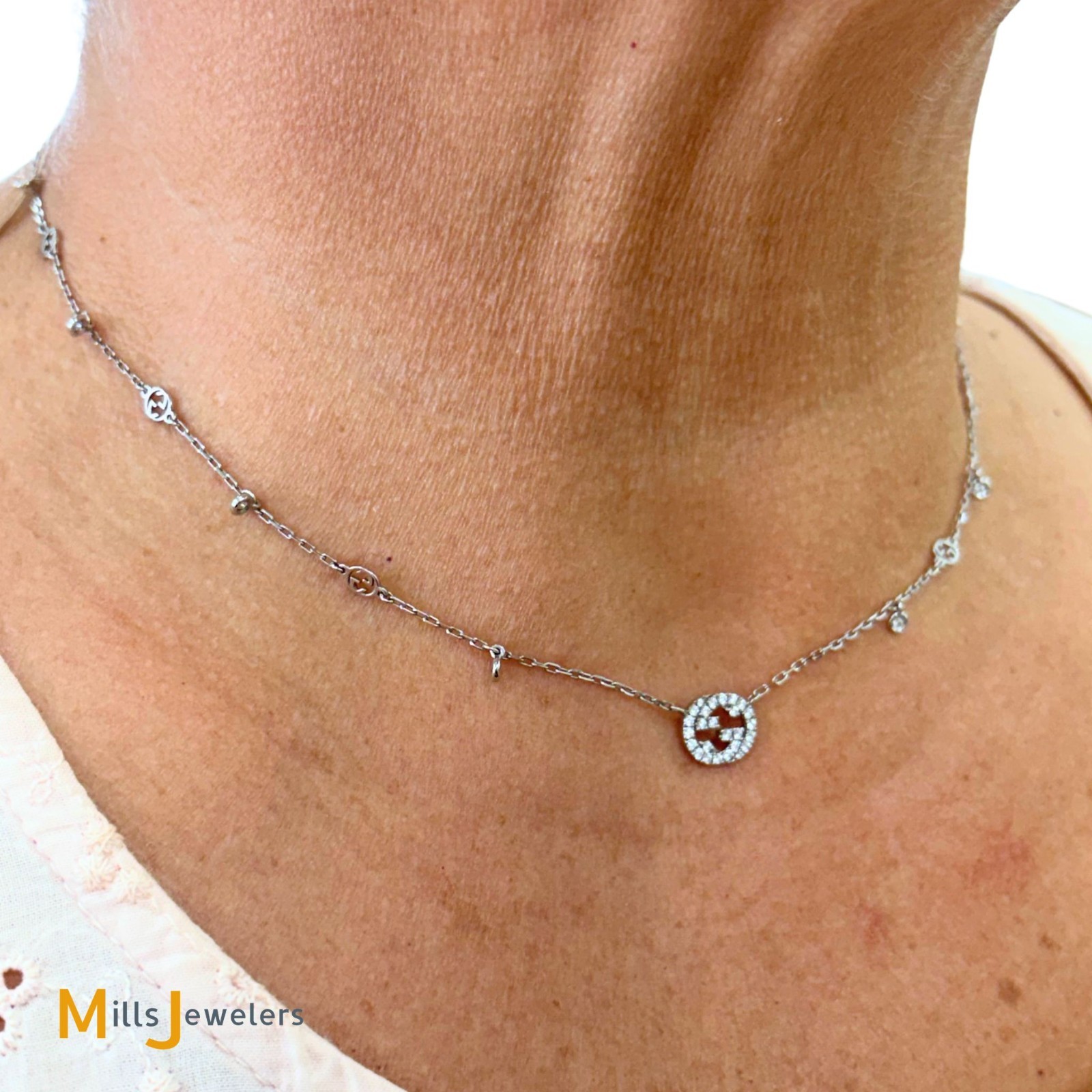 18K White Gold Gucci Interlocking G 0.27ctw Diamond Station Necklace 16″