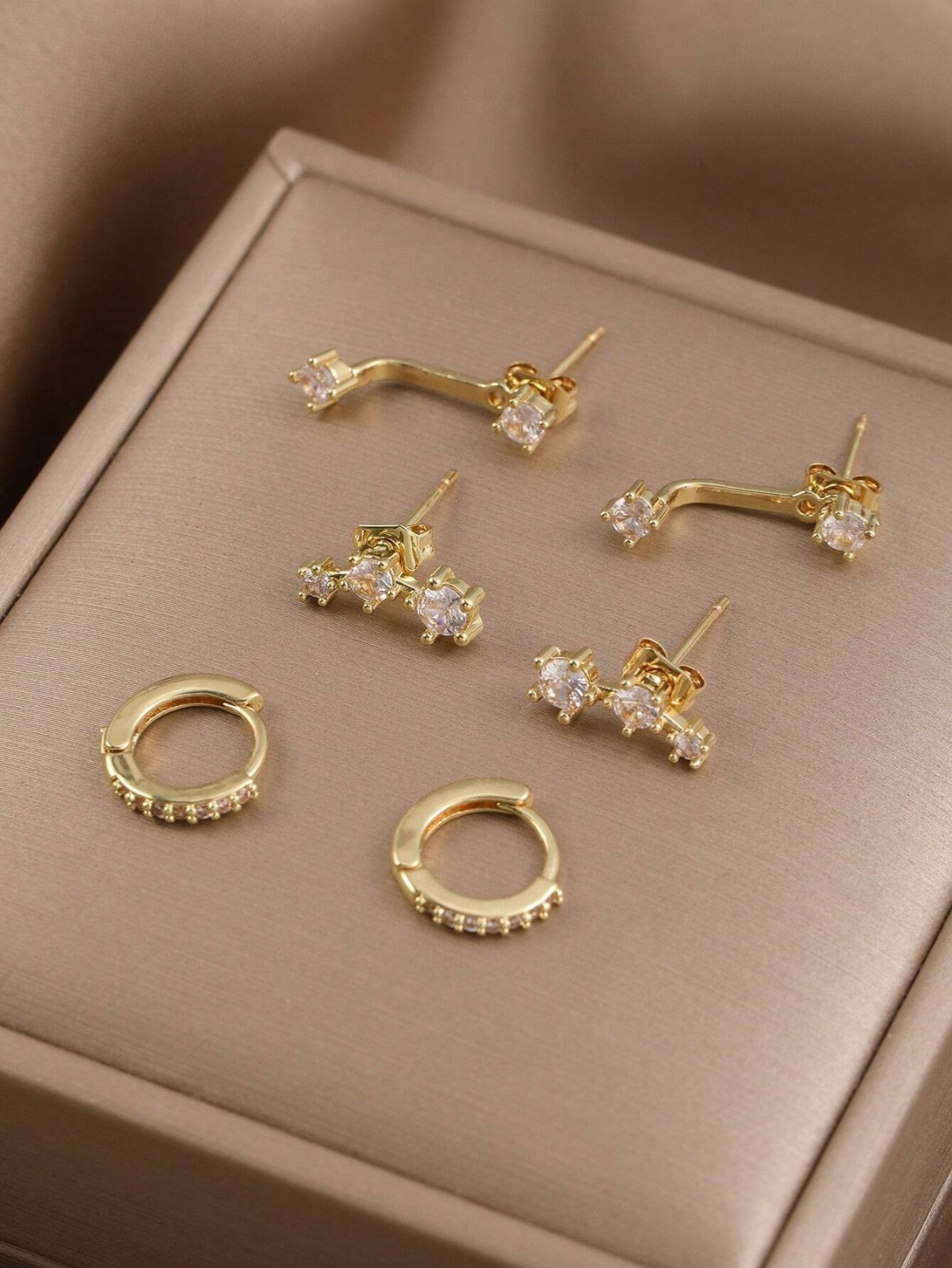 Dainty CZ Huggie Hoop Climber Stud Earrings Set Gold Tone Women 3 Pairs