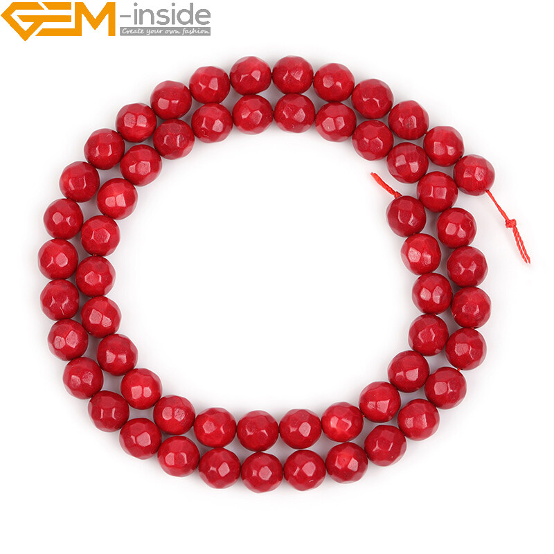 Faceted Red Coral Beads 15″ – Dyed Round Loose Gemstone Jewelry Making Strand”