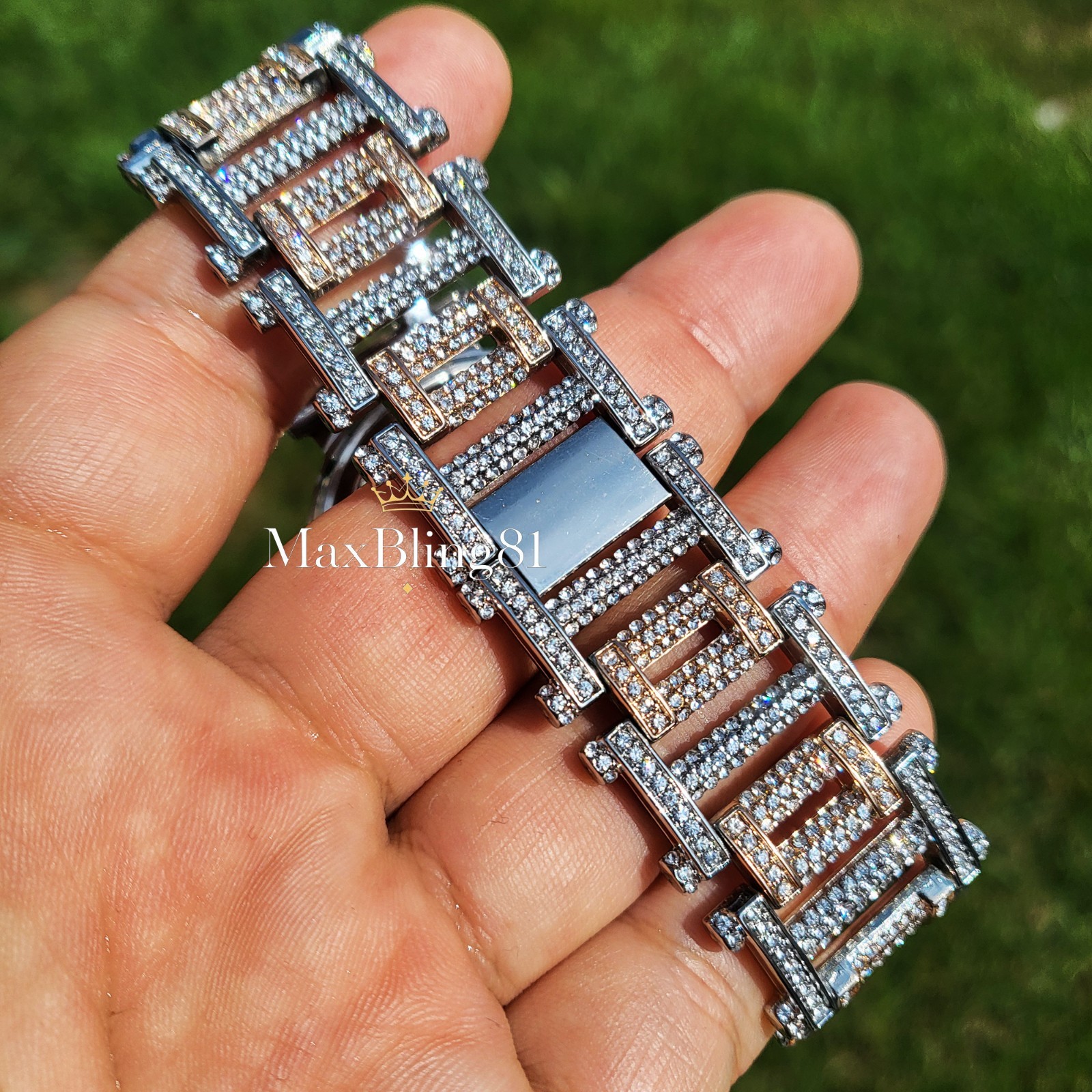 Men’s Hip Hop Iced Rose Gold / Silver Tone Bling Fashion Metal Band Watch Luxury