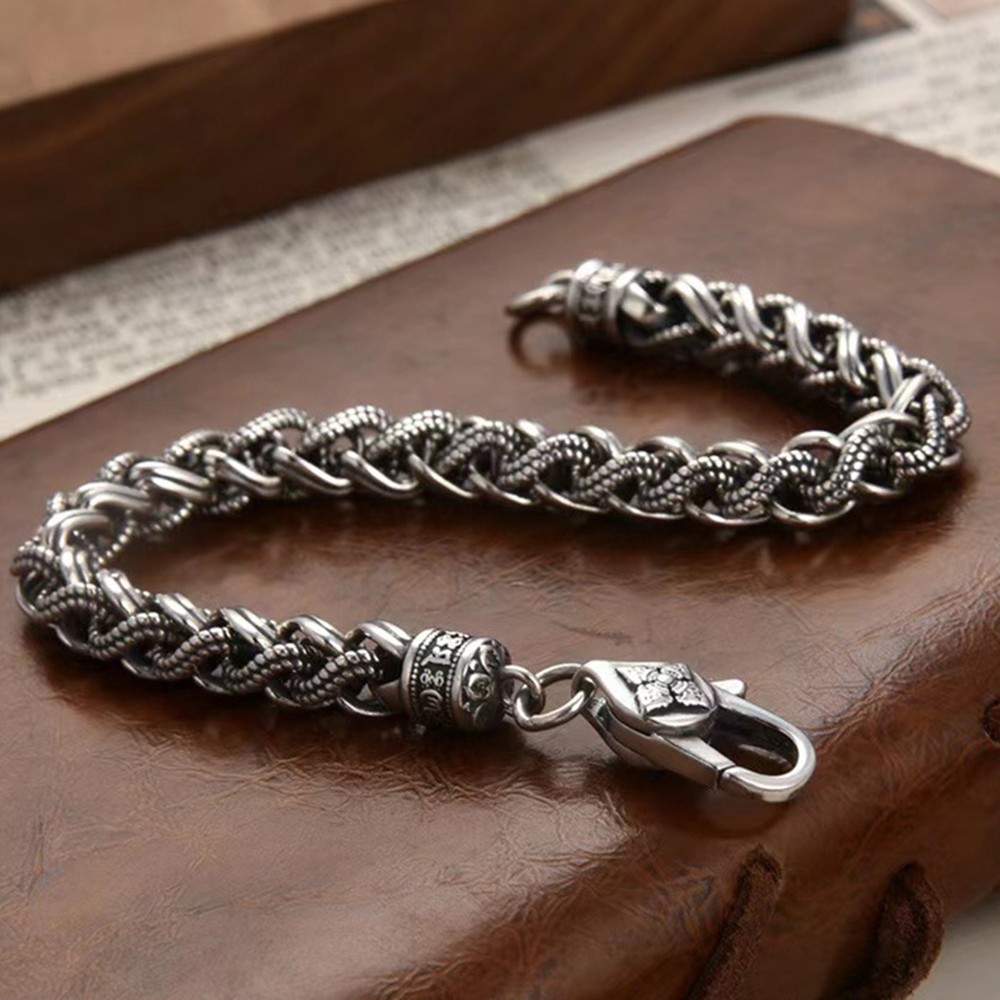Solid 925 Sterling Silver 7mm Wheat Link With Vajra Clasp Men’s Bracelet