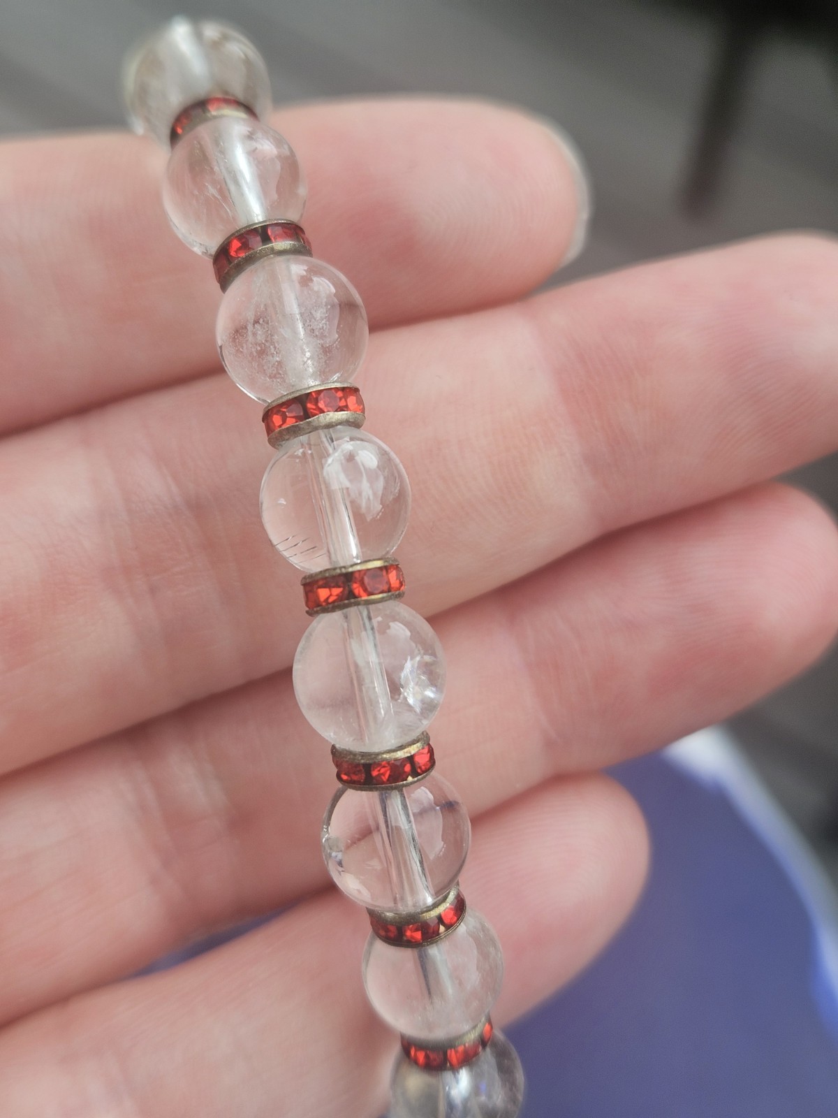 Crystal Clear Quartz Round Beaded Stretch Bracelet w Red Rhinestone Spacer Rings