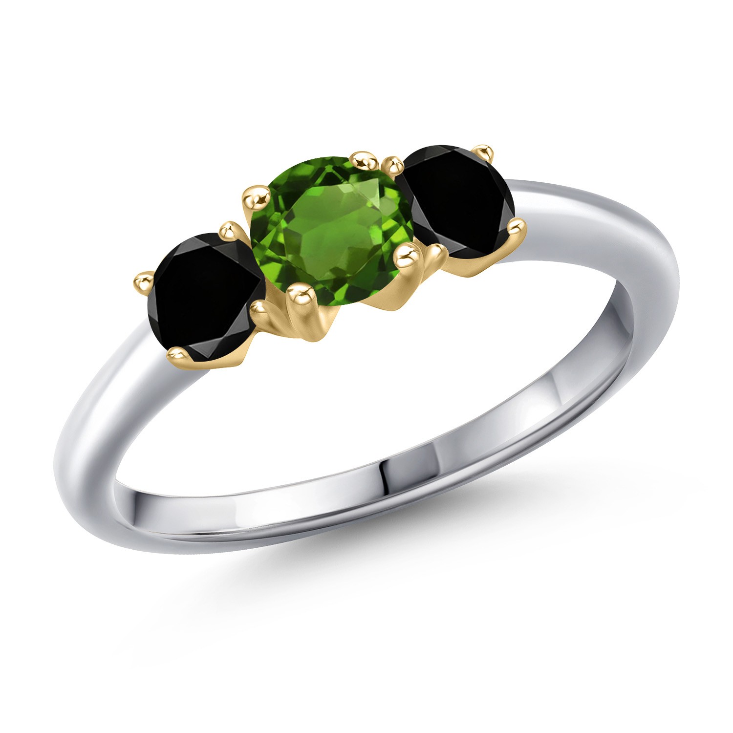 925 Silver and 10K Yellow Gold Green Chrome Diopside and Black Diamond