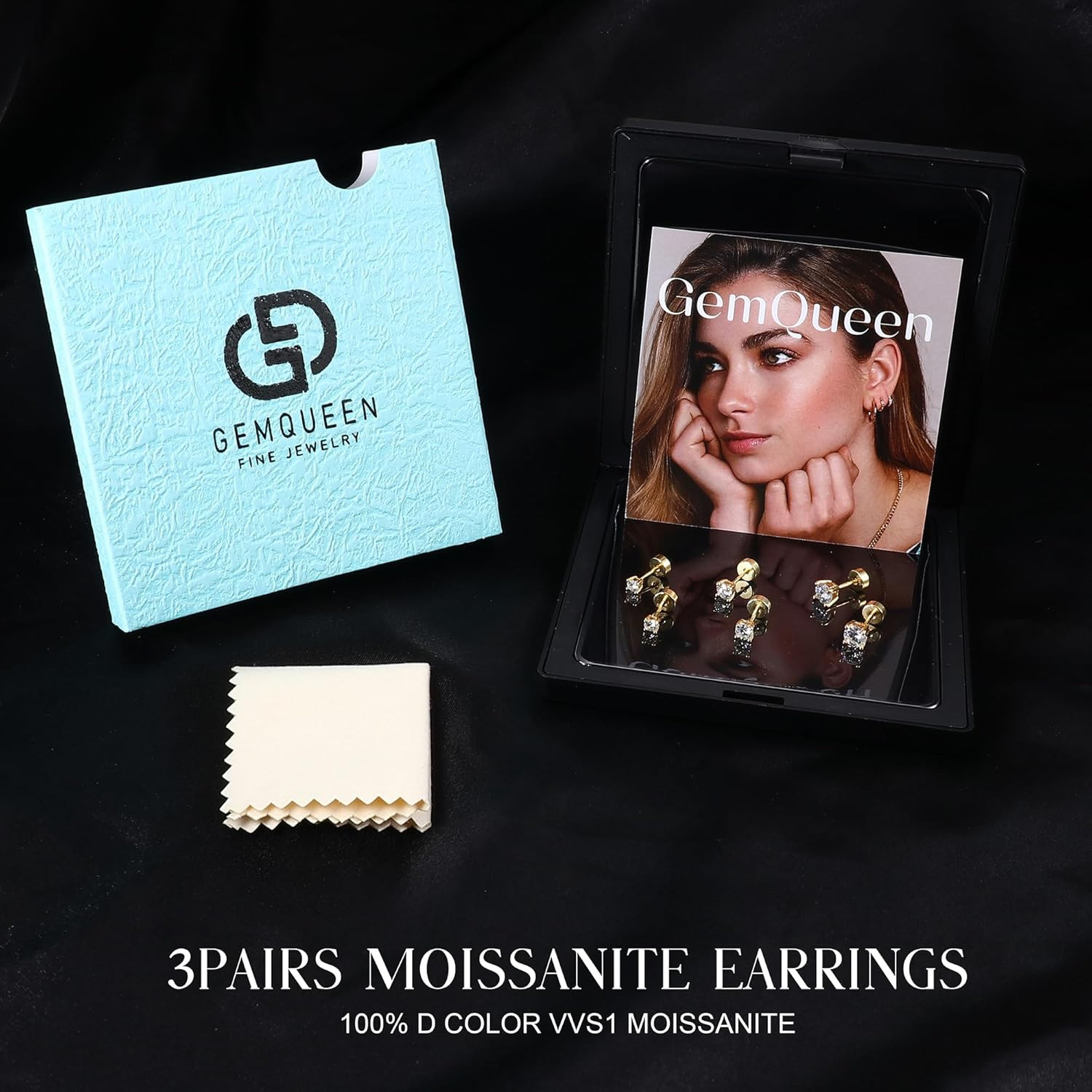 3/4 Pairs Moissanite Earrings Studs 14K Gold Plated S925 Sterling Silver Flat Ba