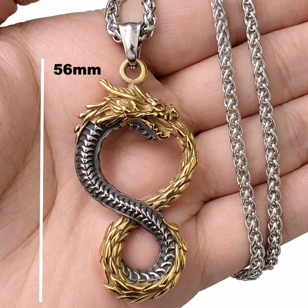 JXC Mens Womens Gold Two Tone Infinity Chinese Dragon Ouroboros Pendant Necklace