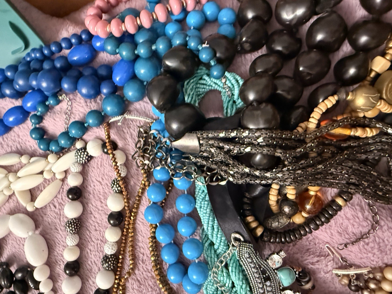 50 Plus Necklaces.All wearable.Stones, Glass, Resin, Plastic,Shell. Lot 1.