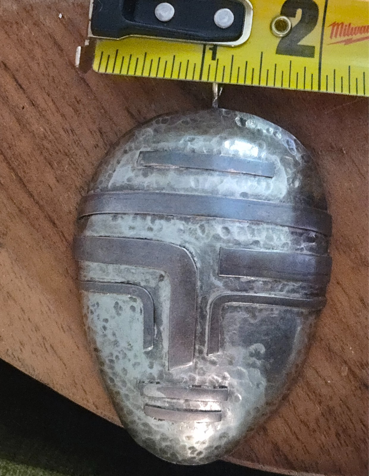 Large MCM Mexico Modernist Copper Silver Hammered Mayan Aztec Mask Pendant