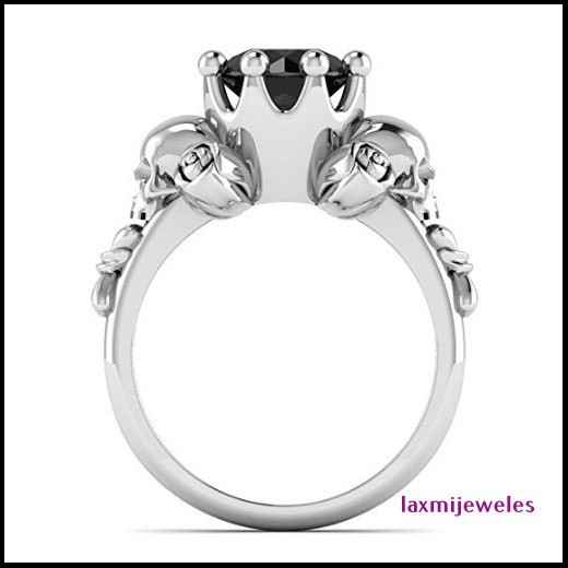 2.4Ct Black Onyx Lab-Created Diamond Skull Ring 925 Silver Gothic Rose Flower