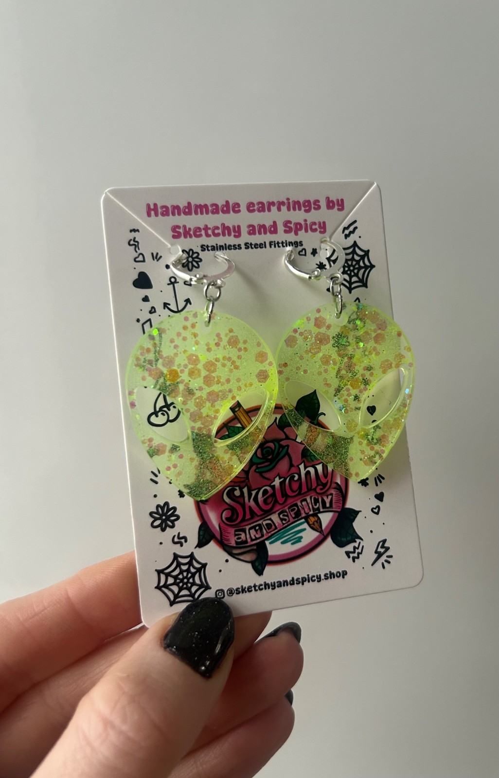 Glow in the Dark Alien Head Earrings – Neon Glitter Resin – Stainless Steel