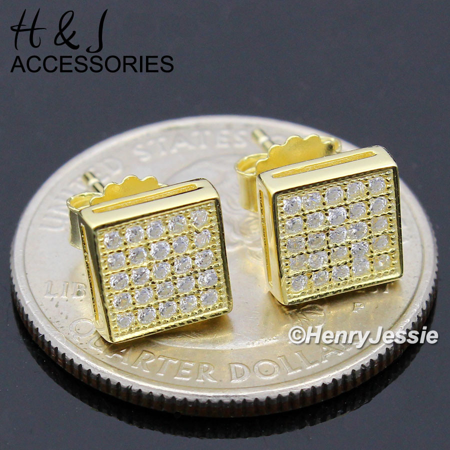 925 STERLING SILVER 7MM ICY CZ SQUARE PUSH BACK GOLD PLATED STUD EARRING*AG168