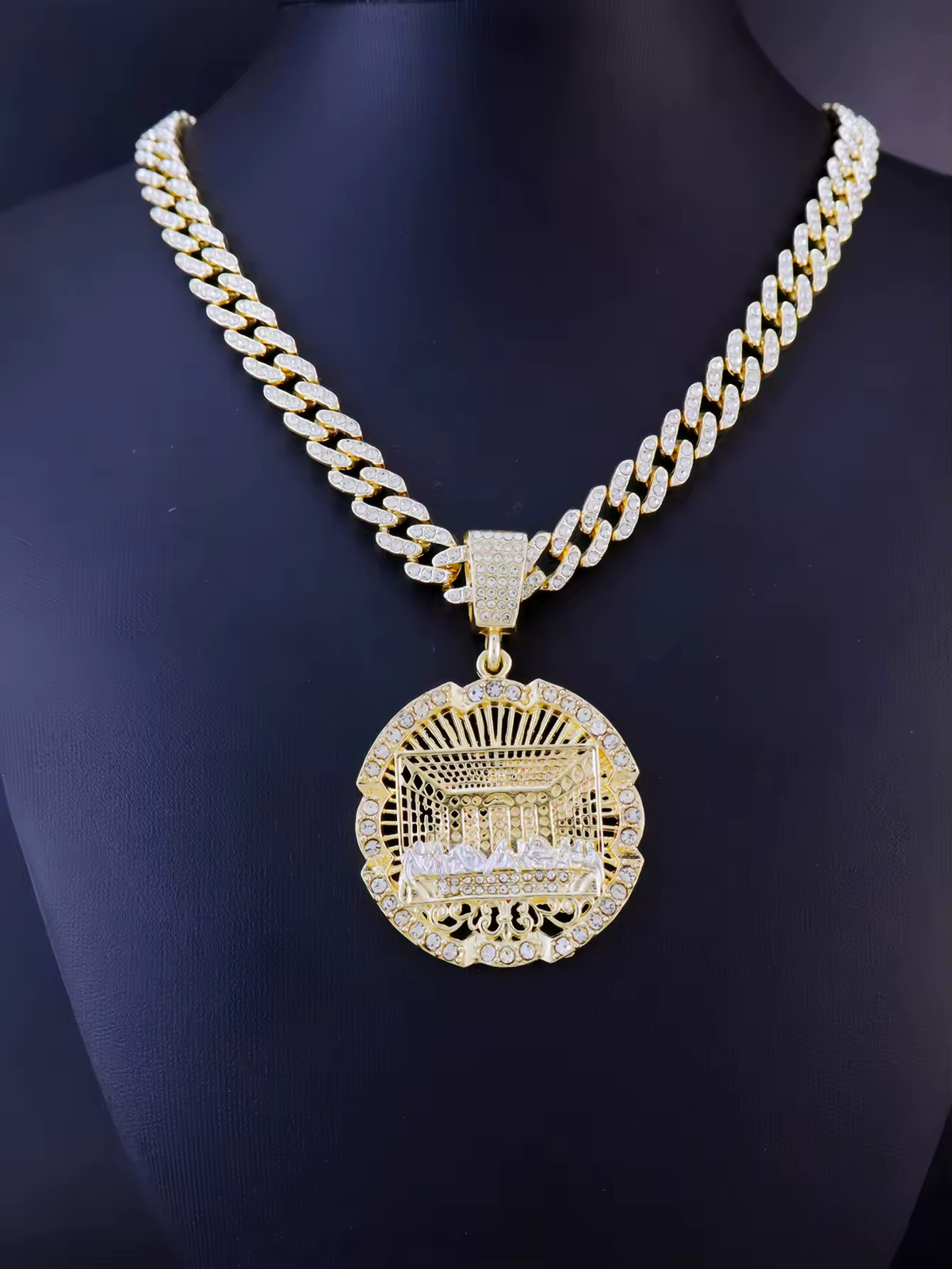 Hip Hop 14k Gold Plated Last Supper Pendant Cubic Zirconia 24″ Cuban Chain