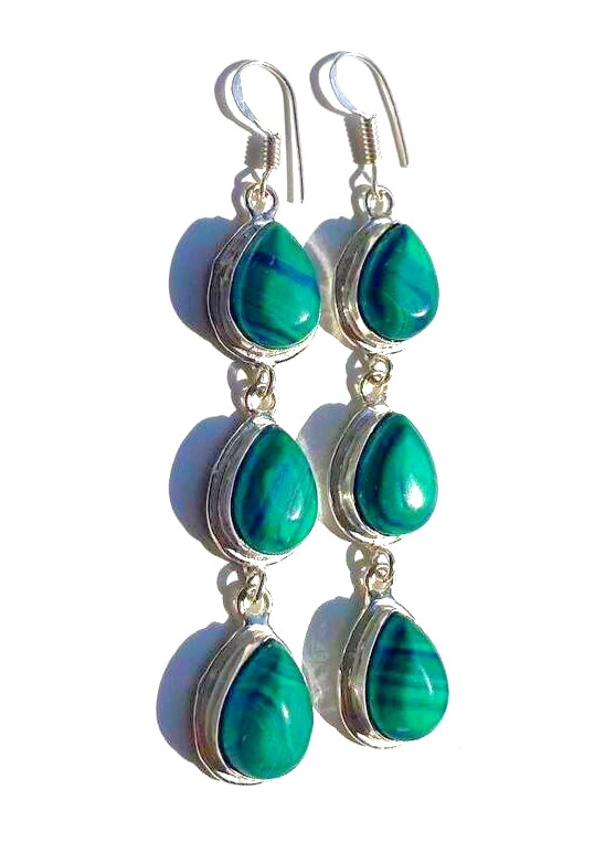 Natural Malachite Gemstone 925 Sterling Silver Handmade Jewelry Earrings 2.10″