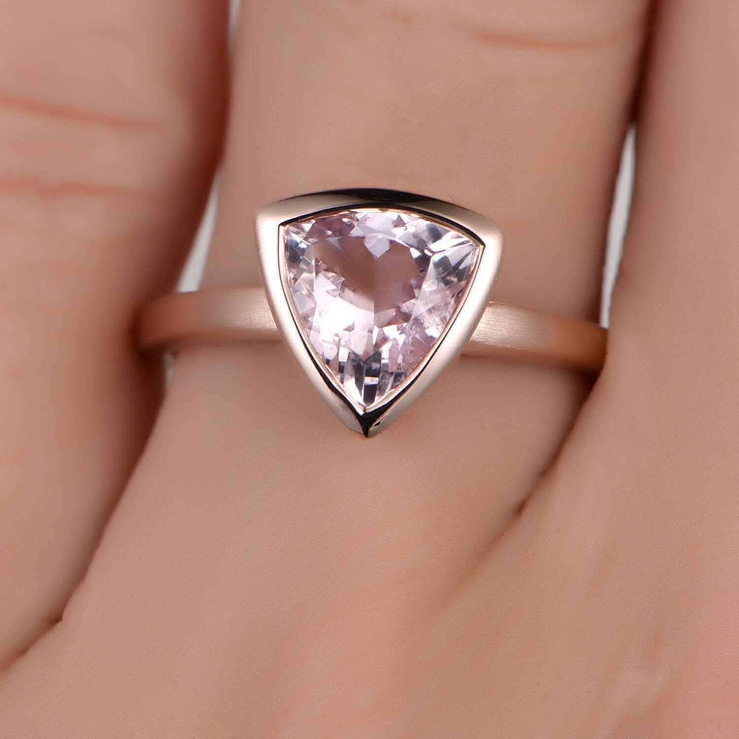 1.12Ct Trillion Cut Lab Created Morganite Women Ring 14k Rose Gold Plated Silver